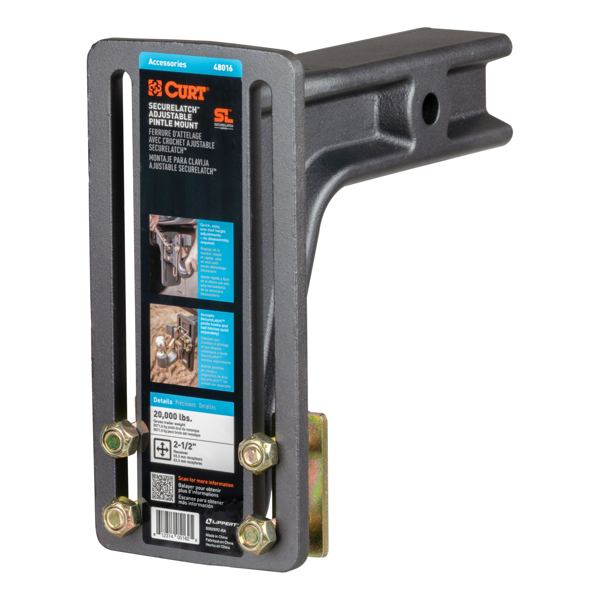 Curt Manufacturing, SecureLatch Adjustable Pintle Mount 2-1/2in. Shank, Fits Receivers 2-1/2 in, Model# 48016